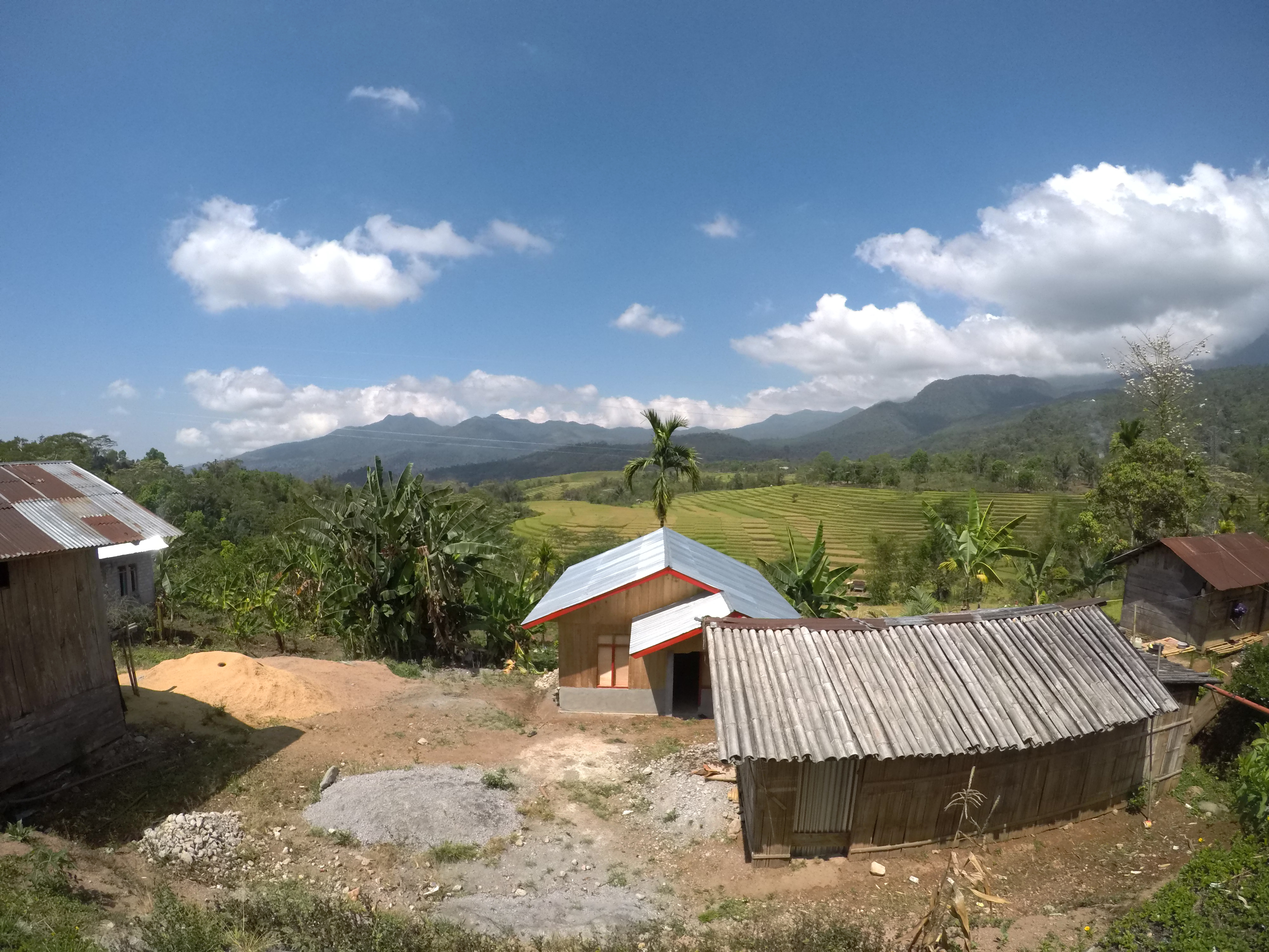 Four tin houses above a vast paddy field with rows of mountains in the distance.